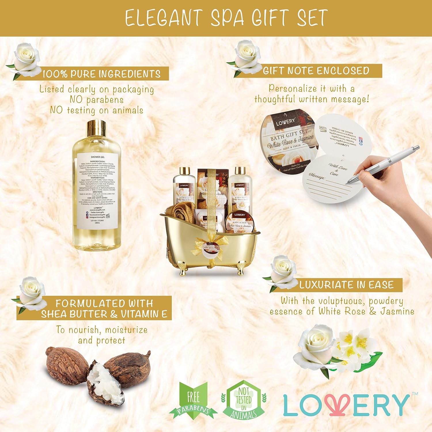 Home Spa Gift Basket, Luxury 13 Piece Bath & Body Set For Men & Women, White Rose & Jasmine Fragrance with Shower Gel, Bubble Bath, Body Scrub, Bath Salts, 6 Bath Bombs, Pouf, Cosmetic Bag & Gold Tub : Beauty