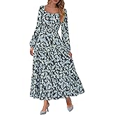 BTFBM Fall Dresses for Women 2025 Long Sleeve Boho Floral Empire Waist Square Neck Casual Flowy Wedding Guest Maxi Dress