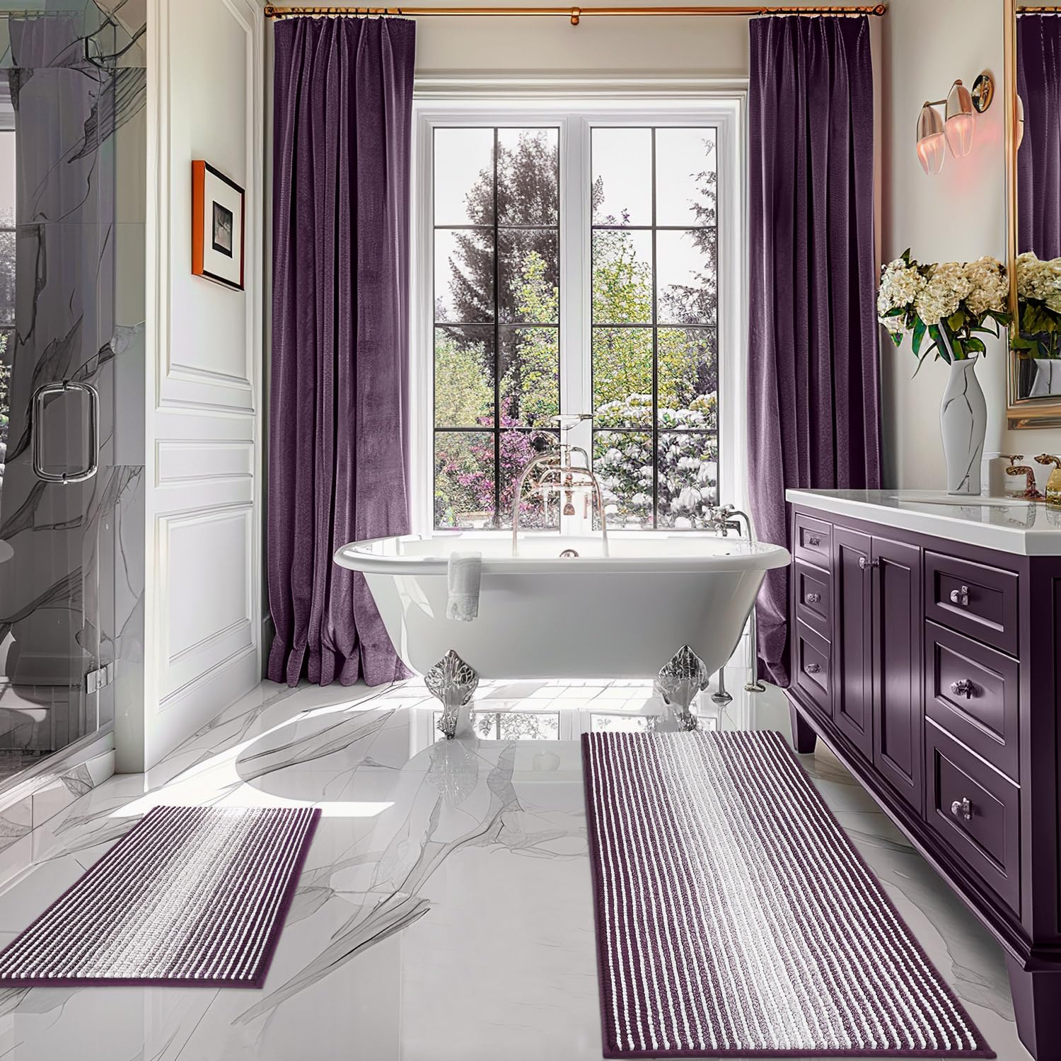 Photo 1 of BSICPRO Bathroom Rugs and Mats Sets, 2 Piece Thick Absorbent Chenille Bath Mat Rug Set Non Slip, Soft Shaggy Bath Room Floor Mats for Bathroom, Machine Washable (Mauve Wine, 20" x 47" Plus 16" x 24")