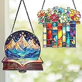 2 Book Floral Shelf Suncatchers 6" Window Hanging Acrylic Ornaments Back to School Teacher Appreciation Gift, Xmas Book Lover Gifts for Women Librarian Readers Bookshelf Decor Stocking Stuffer SS345