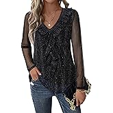 Gaharu Women's Dressy Blouses Long Sleeve Ruffle Shirts Casual Loose Fit Mesh Double Layers Flowy Tunic Tops