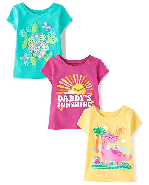 The Children's Place,Baby Girls,and Toddler Assorted Everyday Short Sleeve Graphic T-Shirts,Multipacks,Turtle/Dino/Daddys Sunshine 3-Pack,18 Months,24 Months