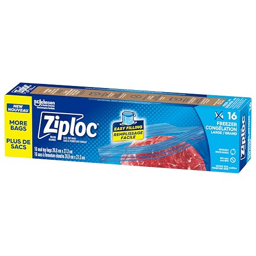 Ziploc Large Freezer Bags, Prevents Freezer Burn, Microwave & Freezer Safe, New Stay-Open Design, Stand-Up Bottom, BPA Free, 16 Count