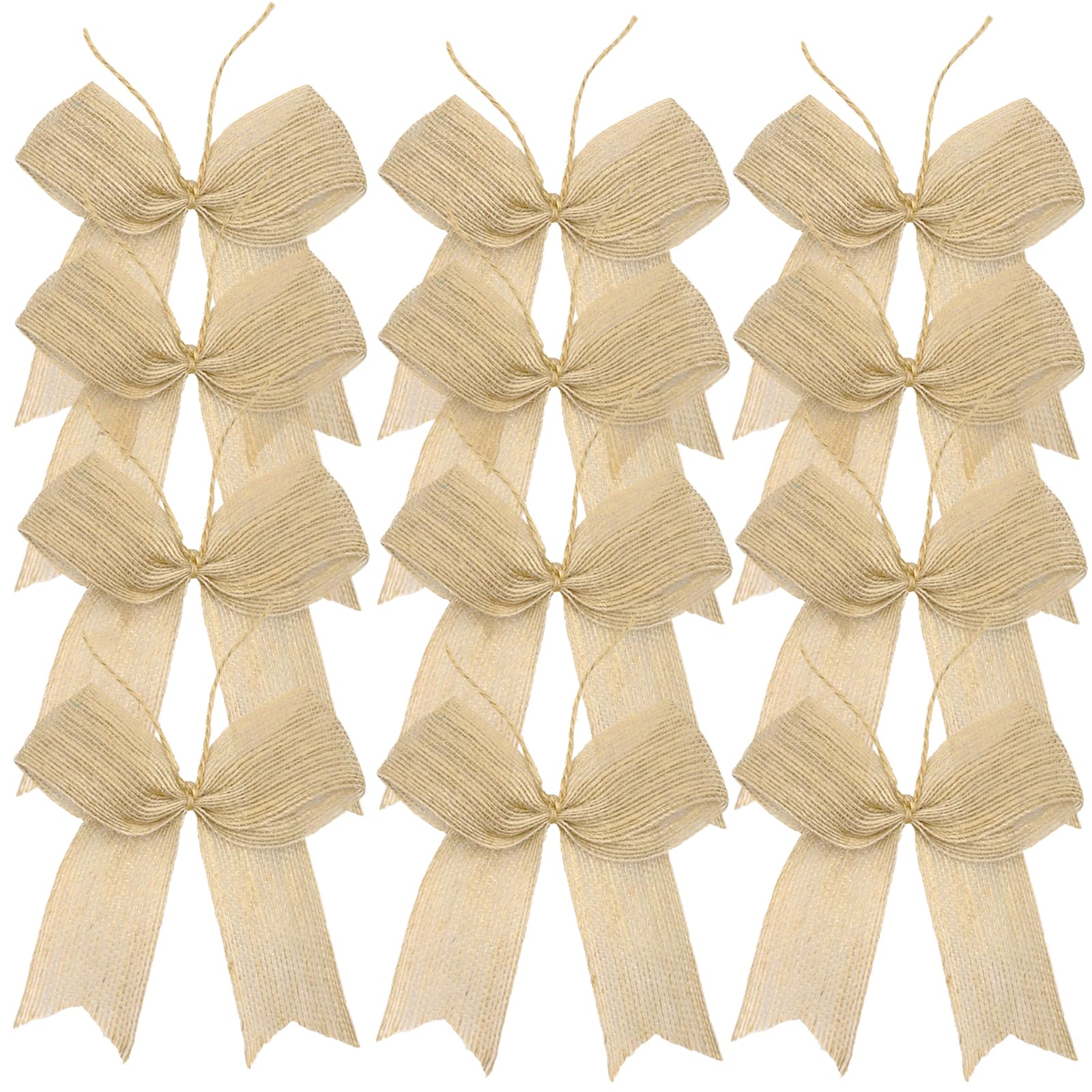 Photo 1 of 12 Pieces Natrual Burlap Bows with Twist Ties 5 × 4.8 Inch Small Handmade Ribbon Bow Rustic Bowknot Premade Mini Bows for Wreaths, Tree, Gift Wrap Decorations