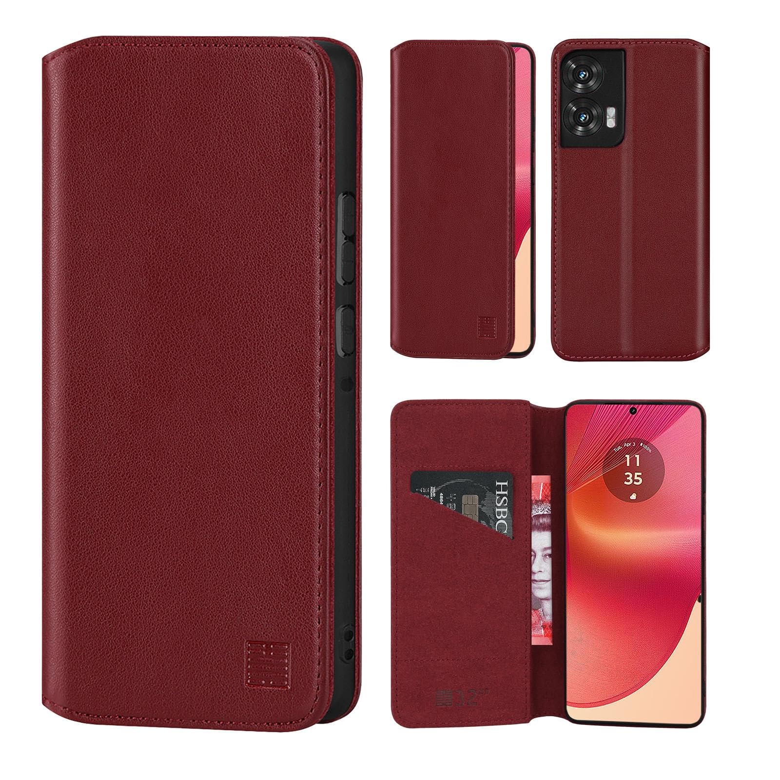 32nd Classic Series 2.0 - Real Leather Book Wallet Flip Case Cover For Motorola Edge 50 Fusion, With RFID Blocking Card Slot, Magnetic Closure and Built In Stand - Burgundy