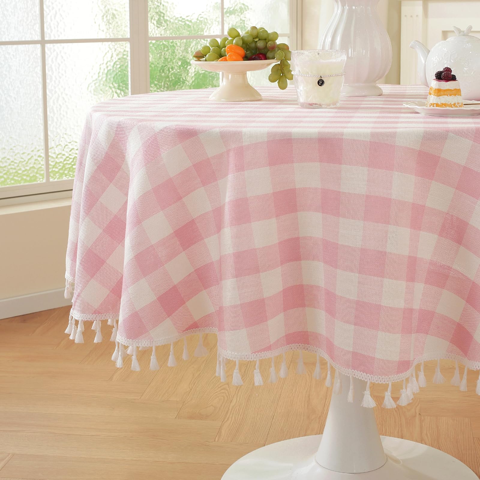 Photo 1 of Laolitou Pink Checkered Round Tablecloth Washable Buffalo Plaid Table Cloth with Tassel Cotton Linen Gingham Table Cover for Baby Shower and Party, Pink, Round, 60", 2-4 Seats