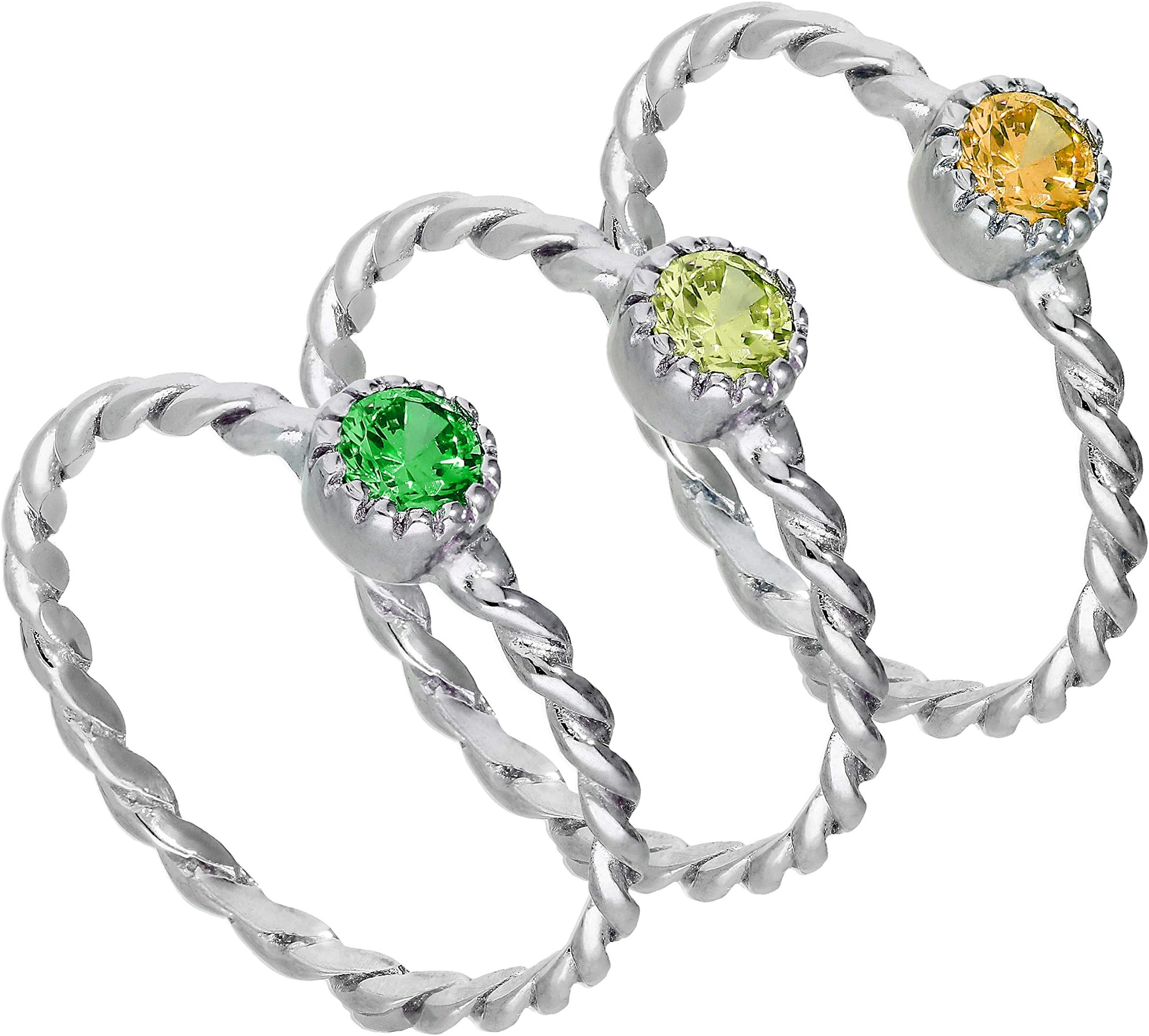 Sterling Silver Green Twisted CZ Stacking Rings Set