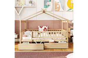 HARPER & BRIGHT DESIGNS Full House Bed with 2 Storage Drawers, Kids Full Bed Frame with Rails and Roof, Tent Bed, Wooden Full Daybed, Full Montessori Bed for Kids Teens Girls & Boys, No Box Spring Needed (Natural)