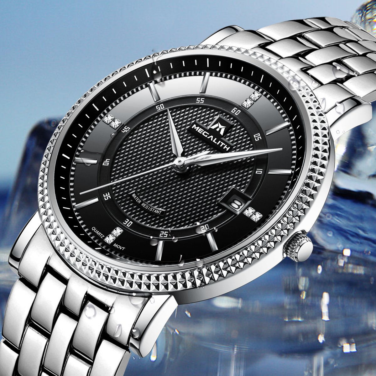 Mens Black Wrist Watches Men Waterproof Silver Stainless Steel Watches Date Luxury Thin Watch for Men