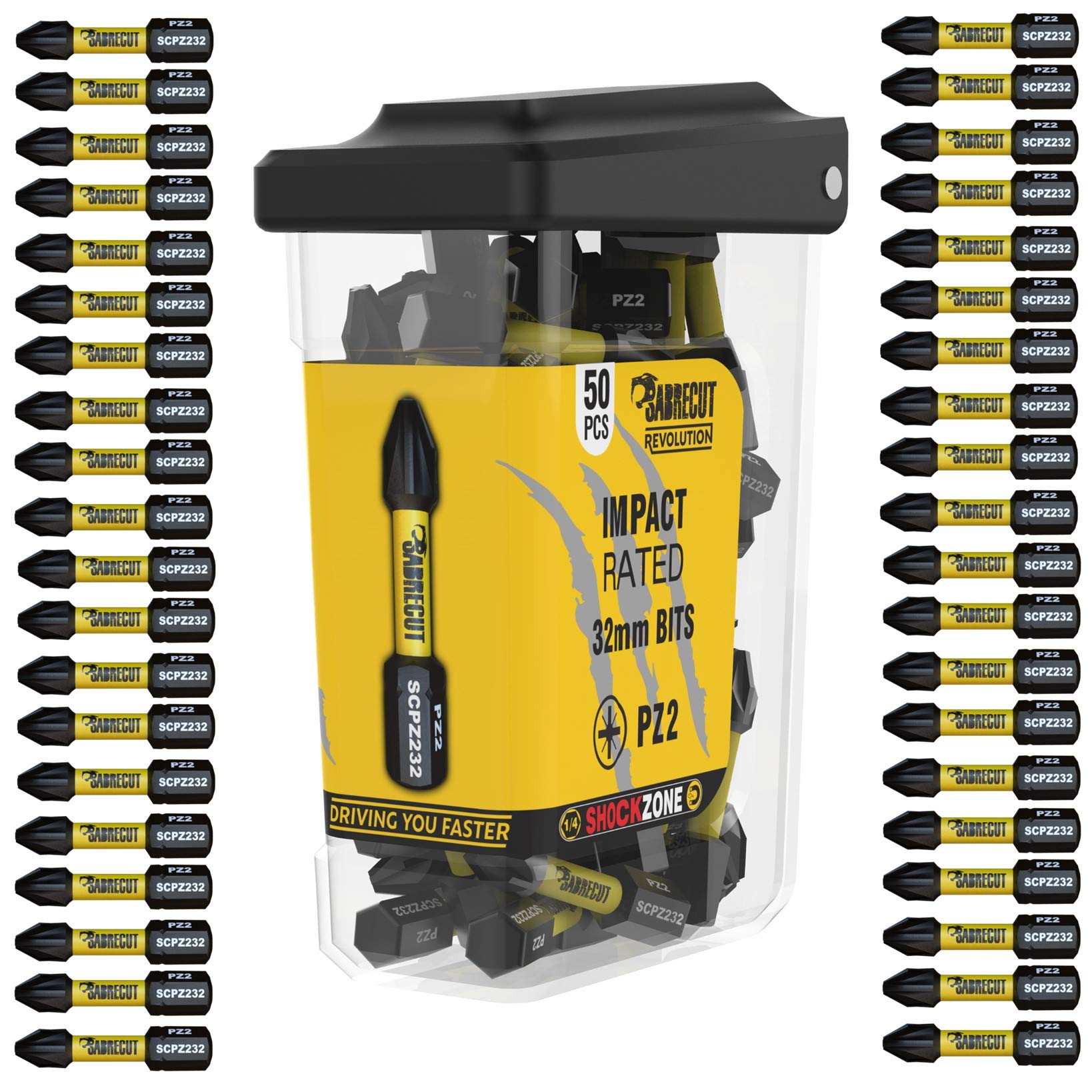 50 x SabreCut SCRPZ23250B 32mm PZ2 Magnetic Impact Screwdriver Driver Bits Set Single Ended Pozi Pozidriv Heavy Duty