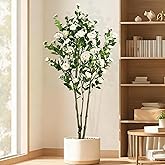 Faux Camellia Flower Tree 7ft(82in) Artificial Floor Plant for Indoor Decor Realistic Greenery Potted Tree with White Blooming Flowers and Natural Wood Trunk for Home Living Room,Office,Porch Decor