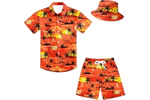 UNICOMIDEA Boys Hawaiian Outfits Summer Button Down Shirt and Short with Bucket Hat 5-12 Years 3 Piece Sets for Kids