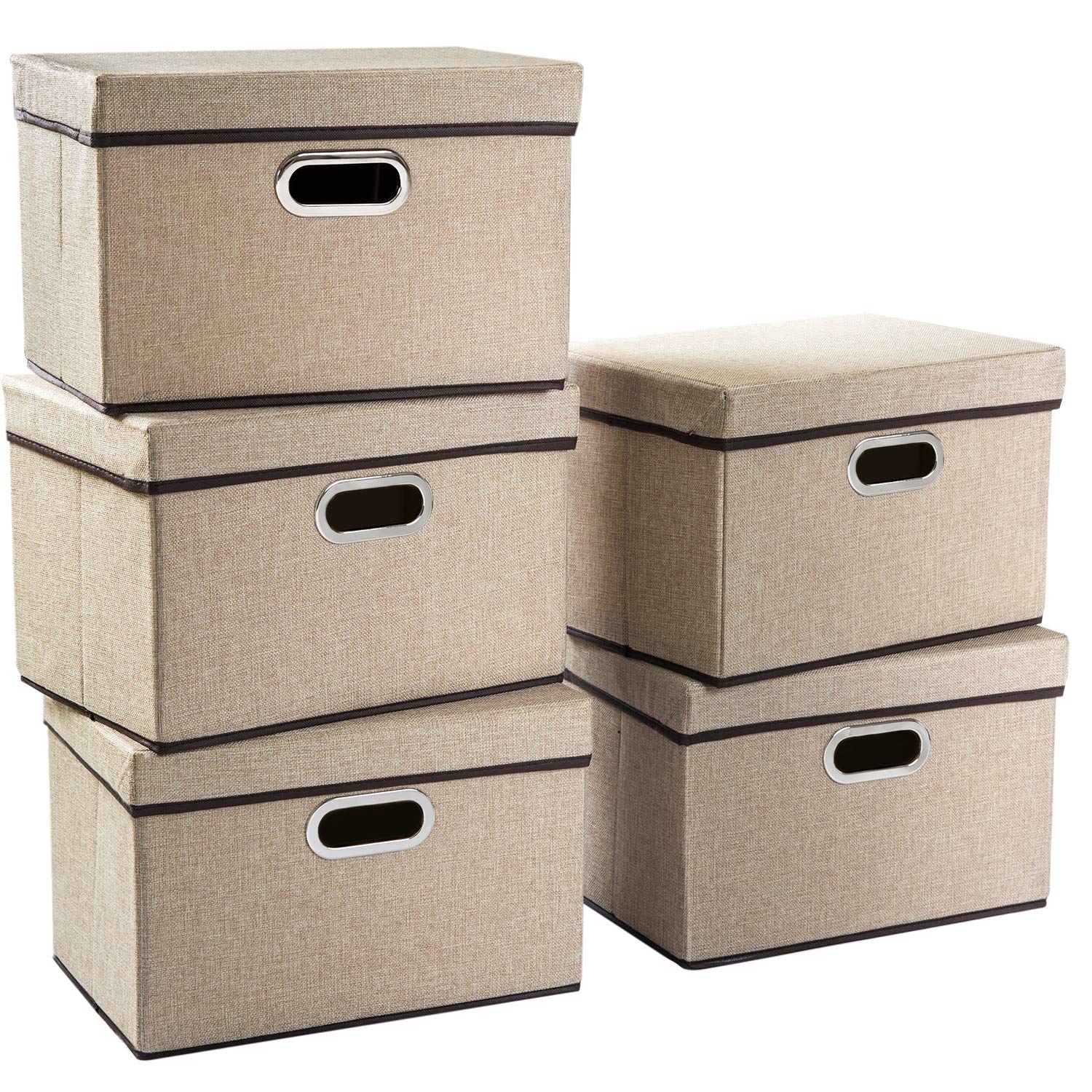 Photo 1 of PRANDOM Collapsible Storage Containers with Lids [5-Pack] Jute Fabric Foldable Storage Bins Boxes Organizer Baskets Cube with Cover for Home Bedroom Closet Office Nursery (14.9x9.8x9.8)
