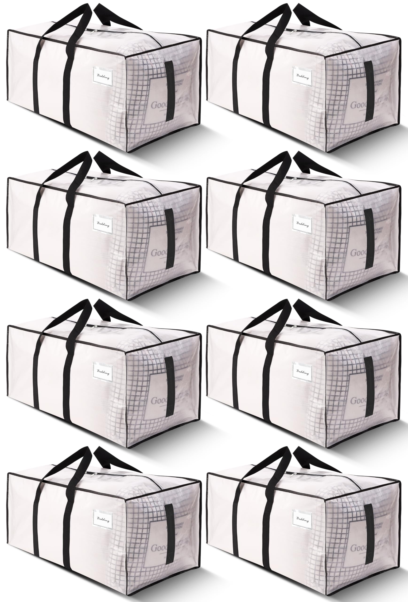 HOMESURE 8 Pack Large Strong Moving Bags with Zippers & Carrying Handles - Water-Resistant - Heavy Duty Tote for Space Saving Storage, Fold Flat, Alternative to Moving Box (Clear)