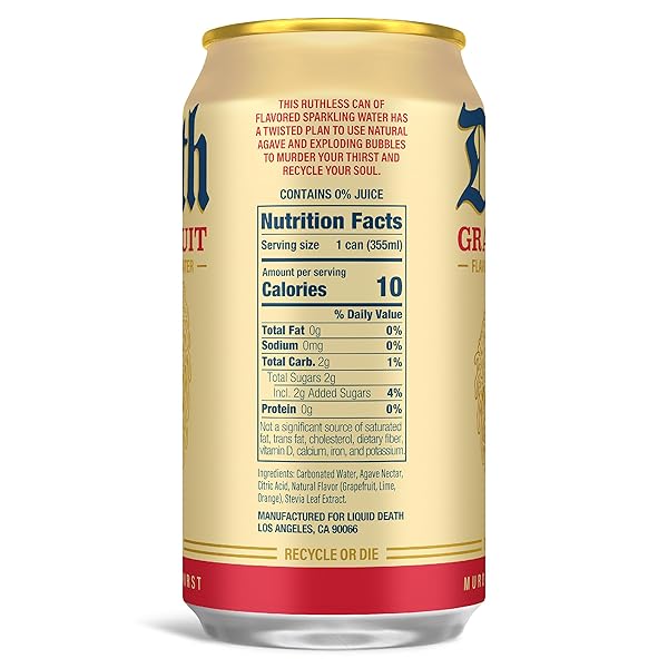 LIQUID DEATH SODA-FLAVORED SPARKLING WATER – GRAVE FRUIT (GRAPEFRUIT FLAVOR), LESS SUGAR*, HUGE FLAVOR, NO CAFFEINE, NO ARTIFICIAL SWEETENERS, 12 FL OZ (PACK OF 12)