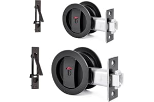 Dontay 2 Pack Pocket Door Lock, Color Coded Indicators, Privacy (Bed/Bath) Handles Latch, 2-3/8" Backset, Hardware for 1 3/8” to 2 3/16” Thickness Door (Including Edge Pull, Matte Black, Round)