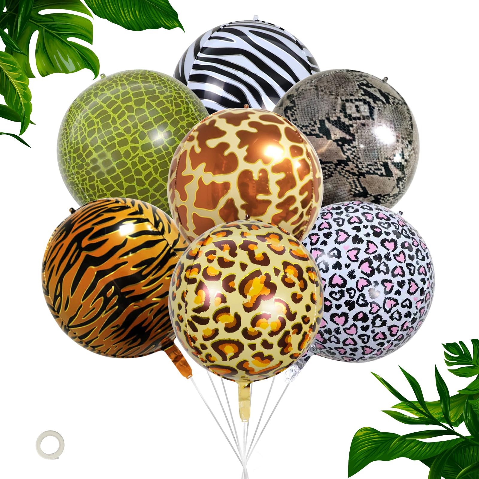 SwirlColor Animal Print Balloons, 7pcs 22inch 4D Foil, Reusable, Multicolor, for Birthday Party Decorations