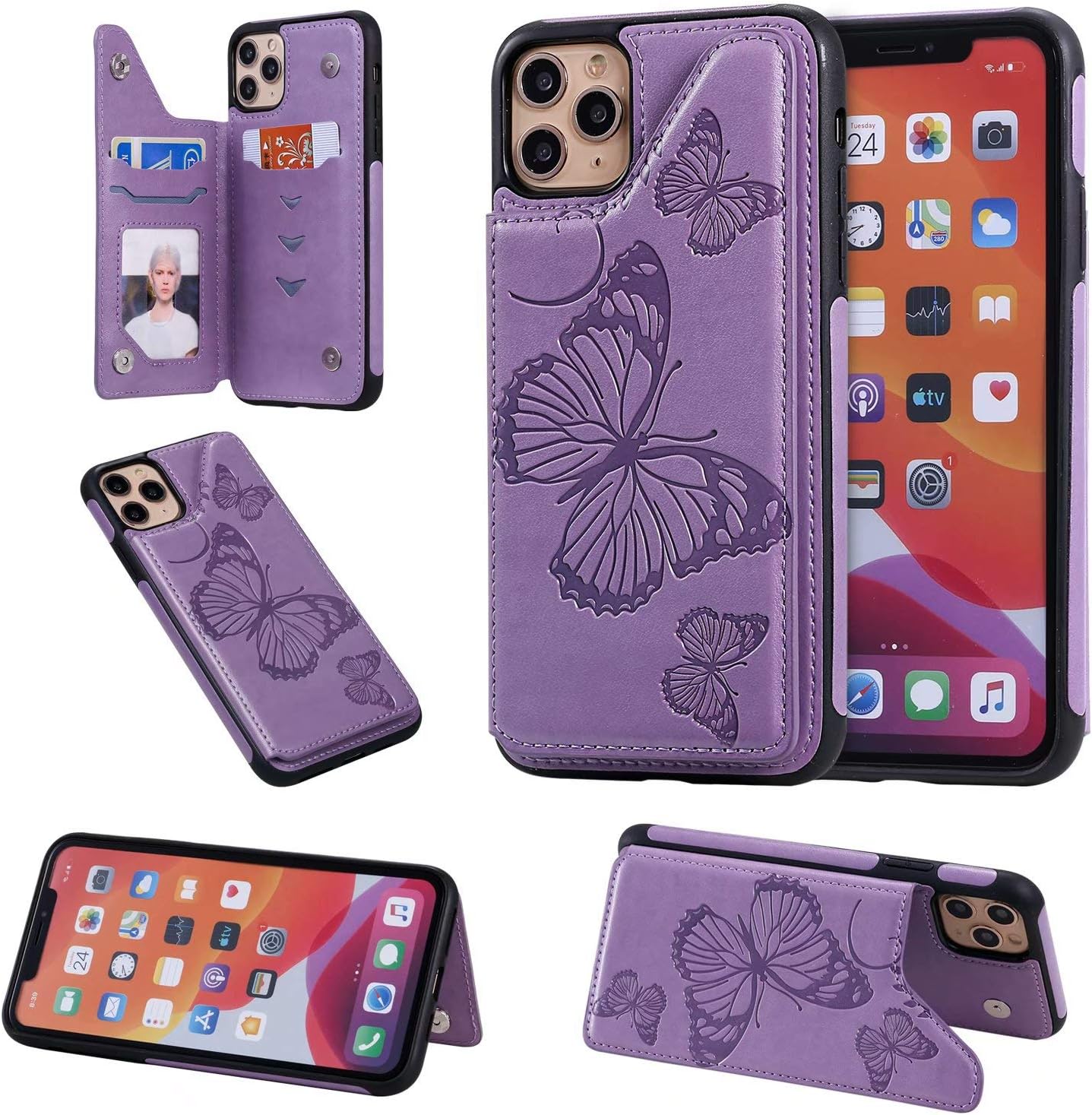 Amazon Com Yikatu Iphone 11 Wallet Case For Women Iphone 11 Case With Card Holder Cute Aesthetic Retro Embossed Butterfly Magnetic Clasp Purse Anti Crack Casewith Credit Card Slots Stand For Girls Purple