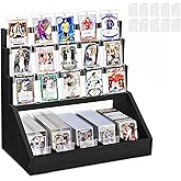Emfogo Trading Card Display, 3-Tier Card Display Stand with 5-Row Storage, Wooden Graded Card Display with Card Stoppers, Large Capacity Sports Card Display Case for Card Game Collection (Black)