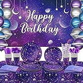 Galaxy Party Supplies,Includes Space Galaxy Birthday Backdrop, Plates, Napkins, Cups ,Tablecloth, Balloons,Foil Balloons, for 20 Guests Galaxy Outer Space Theme Birthday Party Decoration