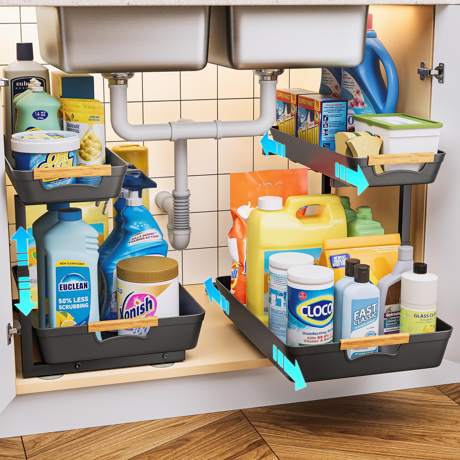 Photo 1 of EUHOME Under Sink Organizer, 2 Tier Adjustable Height Under Sink Organizers and Storage, L-Shaped Slide Out Pull Out Cabinet Organizers for Bathroom Kitchen Pantry (2 Pack, Black)