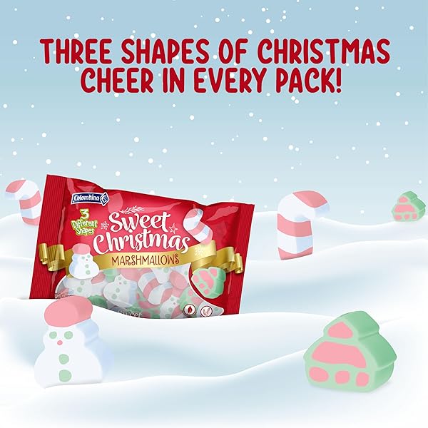 COLOMBINA SWEET CHRISTMAS MARSHMALLOWS, SOFT, ASSORTED VANILLA BEAN MARSHMALLOWS, CHRISTMAS TREES, CANDY CANES, AND SANTAS, 5.1OZ (PACK OF 1)