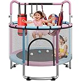 55/60" Trampoline for Kids, 4.5/5 FT Toddler Trampoline with Enclosur Net, Basketball Hoop & Sandbag, 440 LBS Capacity, Adjustable Height,Gifts for Ages 3-12 Boys & Girls