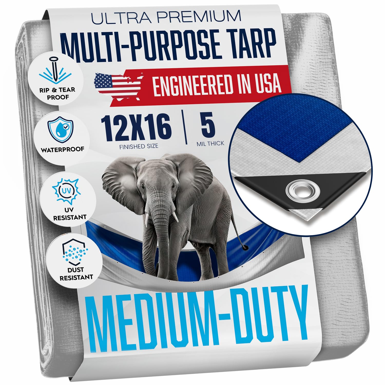 Photo 1 of 12x16 Tarp, Waterproof Plastic Poly 5.5 Mil Thick Tarpaulin with Metal Grommets Every 18 Inches - Emergency Rain Shelter, Outdoor Cover and Camping Use - (Reversible, Blue and Silver) (12x 16 Feet)