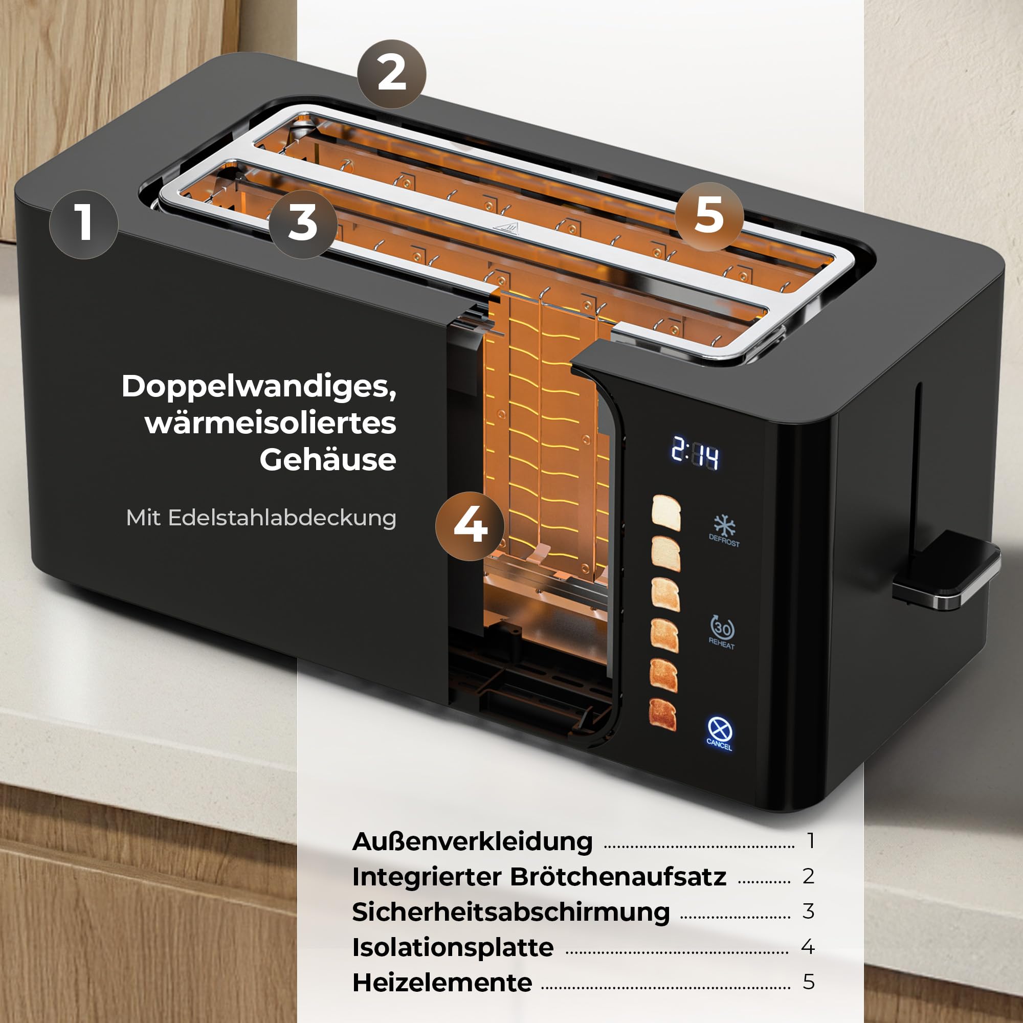 Balter Toaster 4 Scheiben, Touch Bedienung, Langschlitz, Edelstahl, Brötchenaufsatz, LCD Display Langschlitztoaster, Auftaufunktion, Brotzentrierung, TS-44 Schwarz matt 8