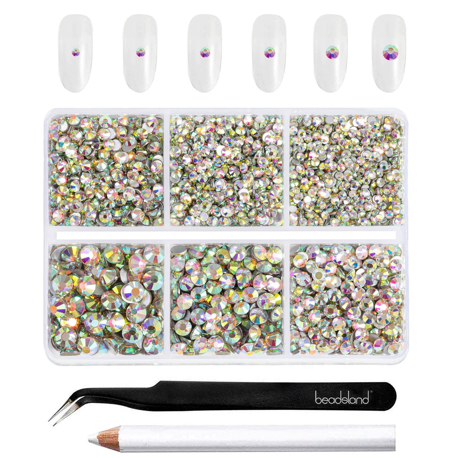 Beadsland 4300pcs Flatback Nail Rhinestones,AB Crystal Rhinestones Round Gems for Crafts,Mixed 6 Sizes with Picking Tweezers and Wax Pencil Kit, SS6-SS20,Crystal AB