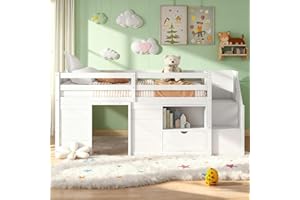 Lyngins Twin Size Loft Bed with Stairs Kids Bed Frame with Storage Shelf, Drawer and Playroom for Girls, Boys, Low Loft Bed with Strong Wood Slats Support, White
