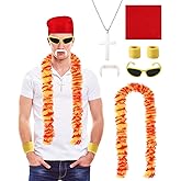 6 Pcs Halloween Wrestler Costume Kit Include Yellow and Red Feather Boa Kerchief Moustache Bracers Glasses and Necklace Red for Adult Halloween Cosplay