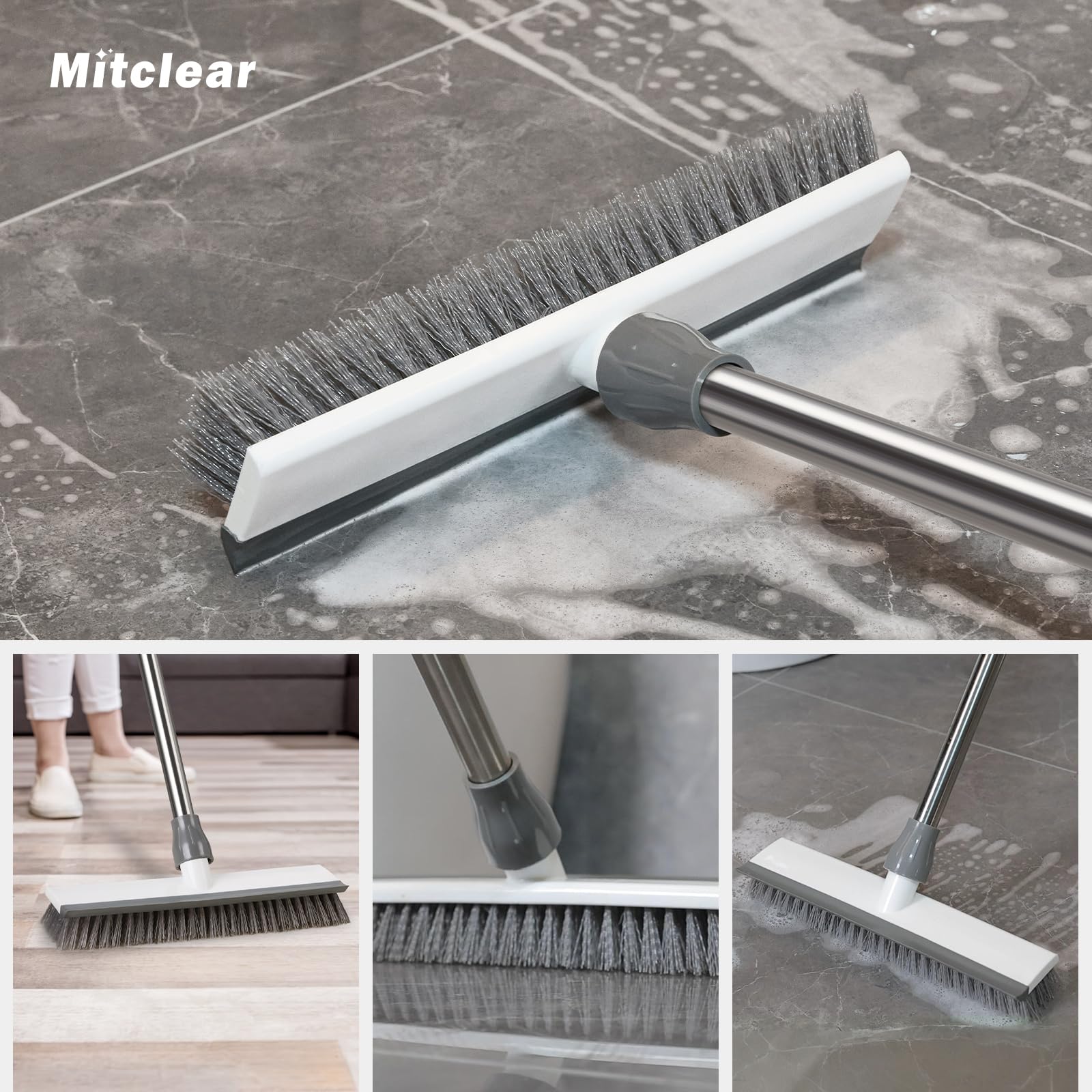 Mitclear Boden-Scheuerbürste mit Stiel(128cm), Schrubber Terrasse mit steife Borsten & Gummiabzieher, Terrassenreiniger, Scheuerbürste für die Reinigung von Fliesen, Balkon, Küche, Bad, Dusche, Garage 6