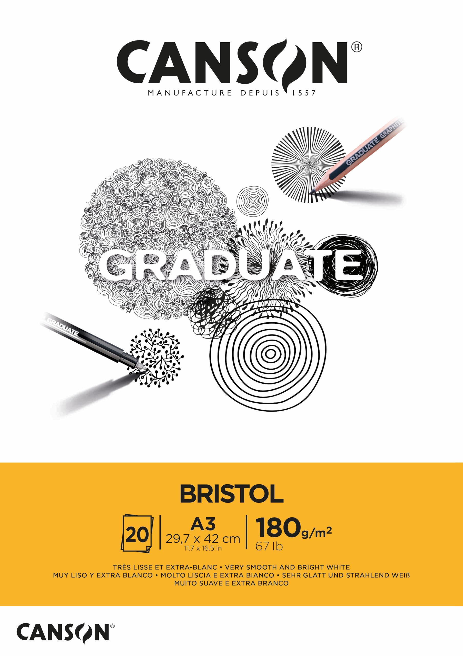 CANSON Graduate Bristol 180gsm A3 Paper, Very Smooth, Pad Glued Short Side, 20 Bright White Sheets, For Student Artists