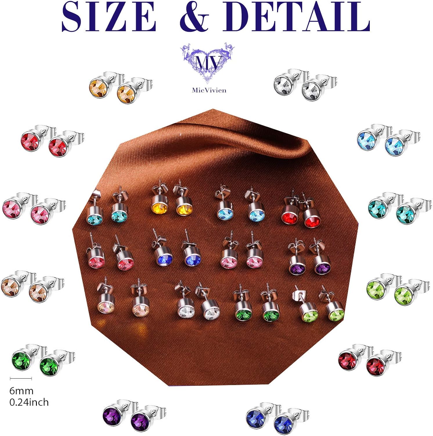 12 works Stud Earrings Stainless Steel Ear Studs Round Cubic Zirconia Earrings Surgical Steel Ear Piercing Studs for Women Girls - Image 3