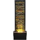 ChengPin 38 Inch Tall Indoor Water Fountain, Staggered Stone Wall Waterfall Fountain with LED Lights, Relaxing Ambience Water Feature for Living Room Bedroom Office Garden Yard, Home Decor