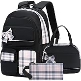 Girls Backpack,3pcs Backpack with Lunch Box Pencil Case Set 15.6 Inch Laptop School Bag Kids Kindergarten Elementary College Bags Large Bookbag for Teen Women Students Casual Travel Daypacks Black