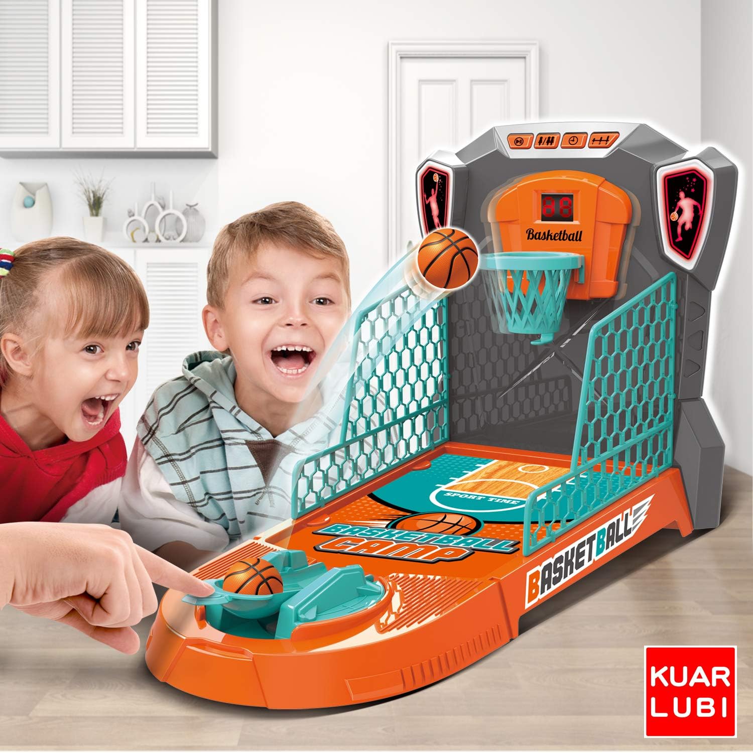 KUARLUBI Basketball Shooting Game Toy, Desktop Table Basketball Games Set with Basketball Court, Move Basket, Light and Score Fun Sports Novelty Toy for Birthday Gifts: Clothing