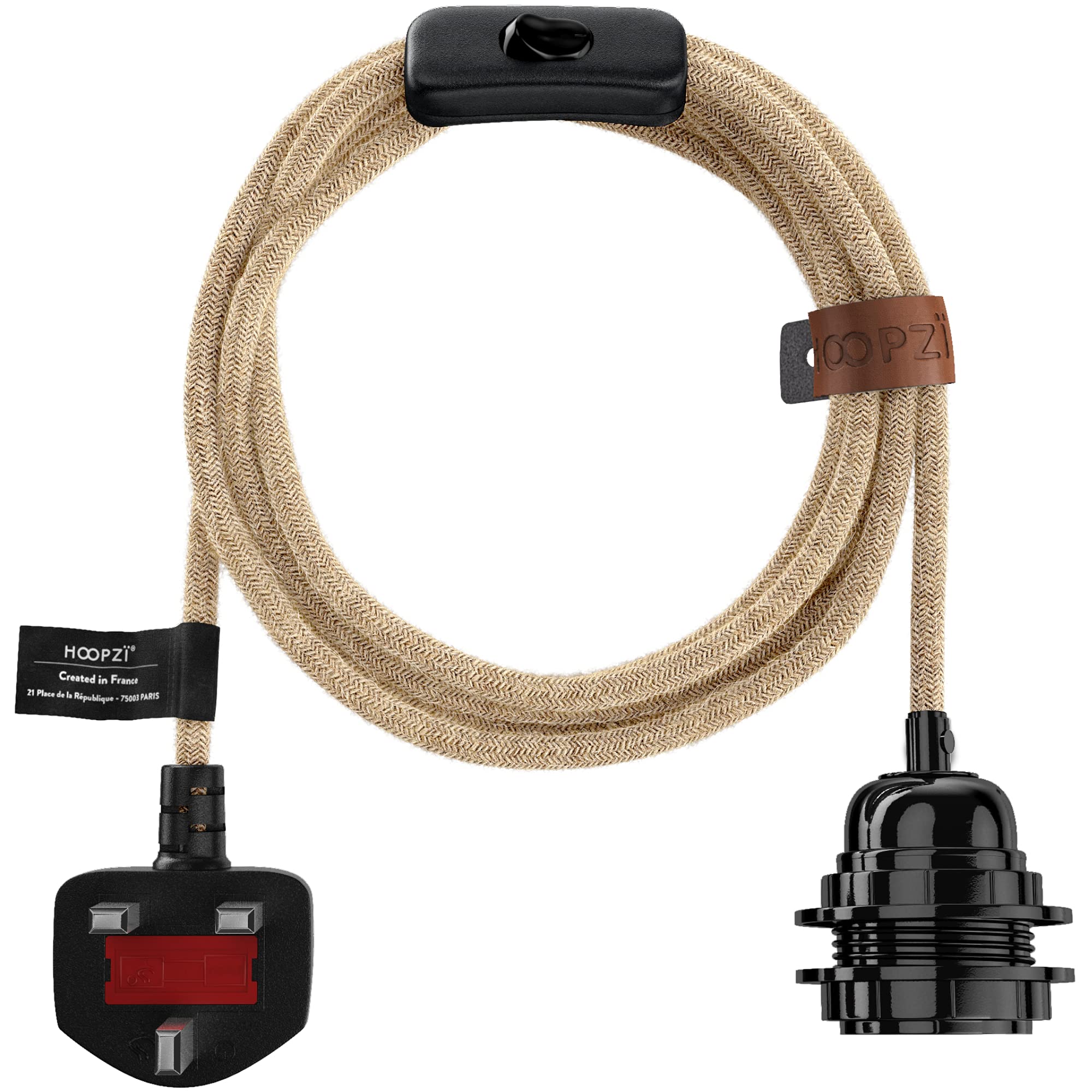 Hoopzi - Plug in Pendant Light to Light Up Your Home - 4.5M Fabric Electrical Cable - E27 Bulb Holder with Switch - Create Your Own Pendant Light, Portable Lamp, Hanging Lamp - BalaFicelle