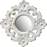 Musanpou Handcarved Floral Wall Mirror Decoration, 11.8-inch Worn-Out White Country Wood Mirror, Used for Room Decoration, Home Decoration, Bedroom, Living Room, Bathroom, Kitchen