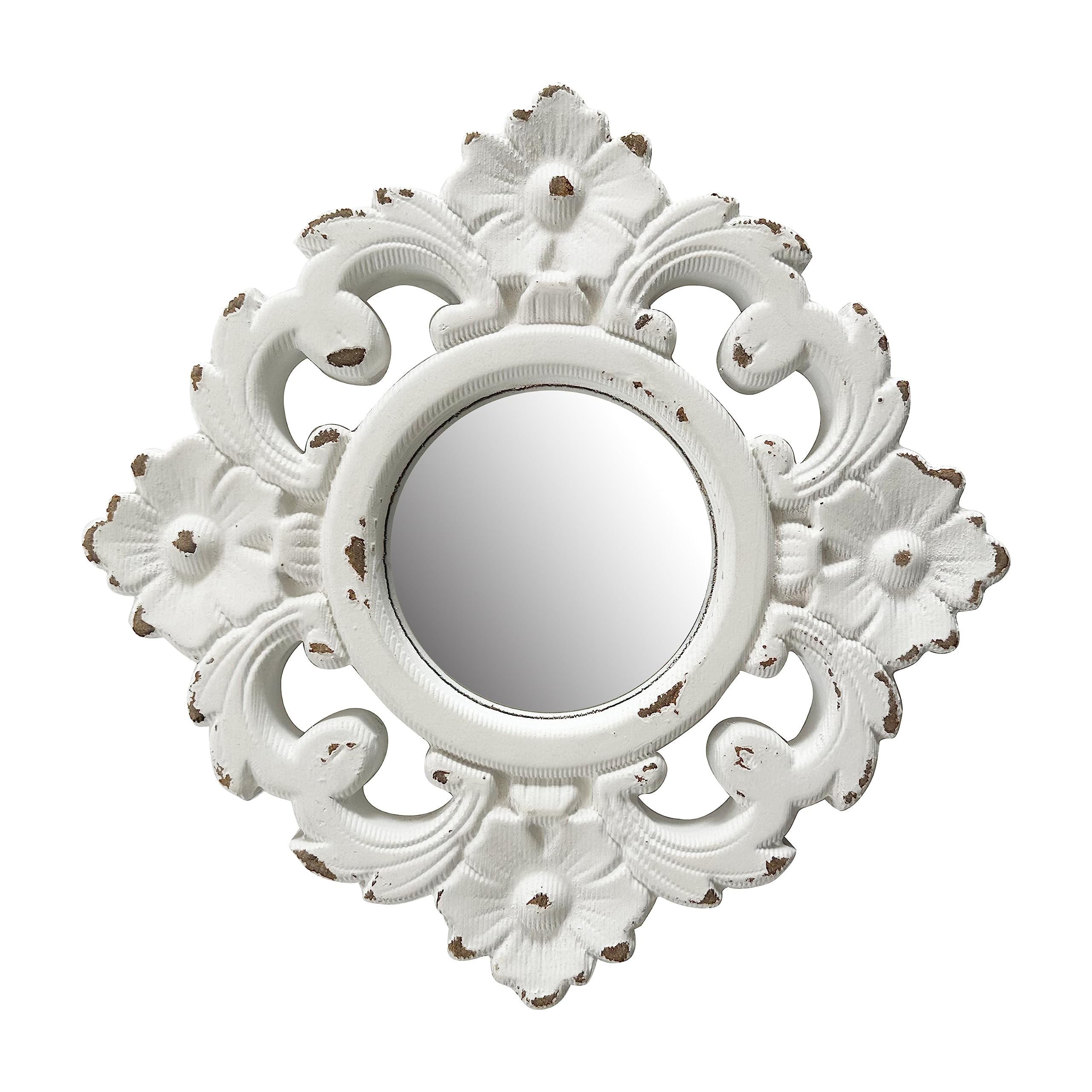 Photo 1 of Musanpou Handcarved Floral Wall Mirror Decoration, 11.8-inch Worn-Out White Country Wood Mirror, Used for Room Decoration, Home Decoration, Bedroom, Living Room, Bathroom, Kitchen