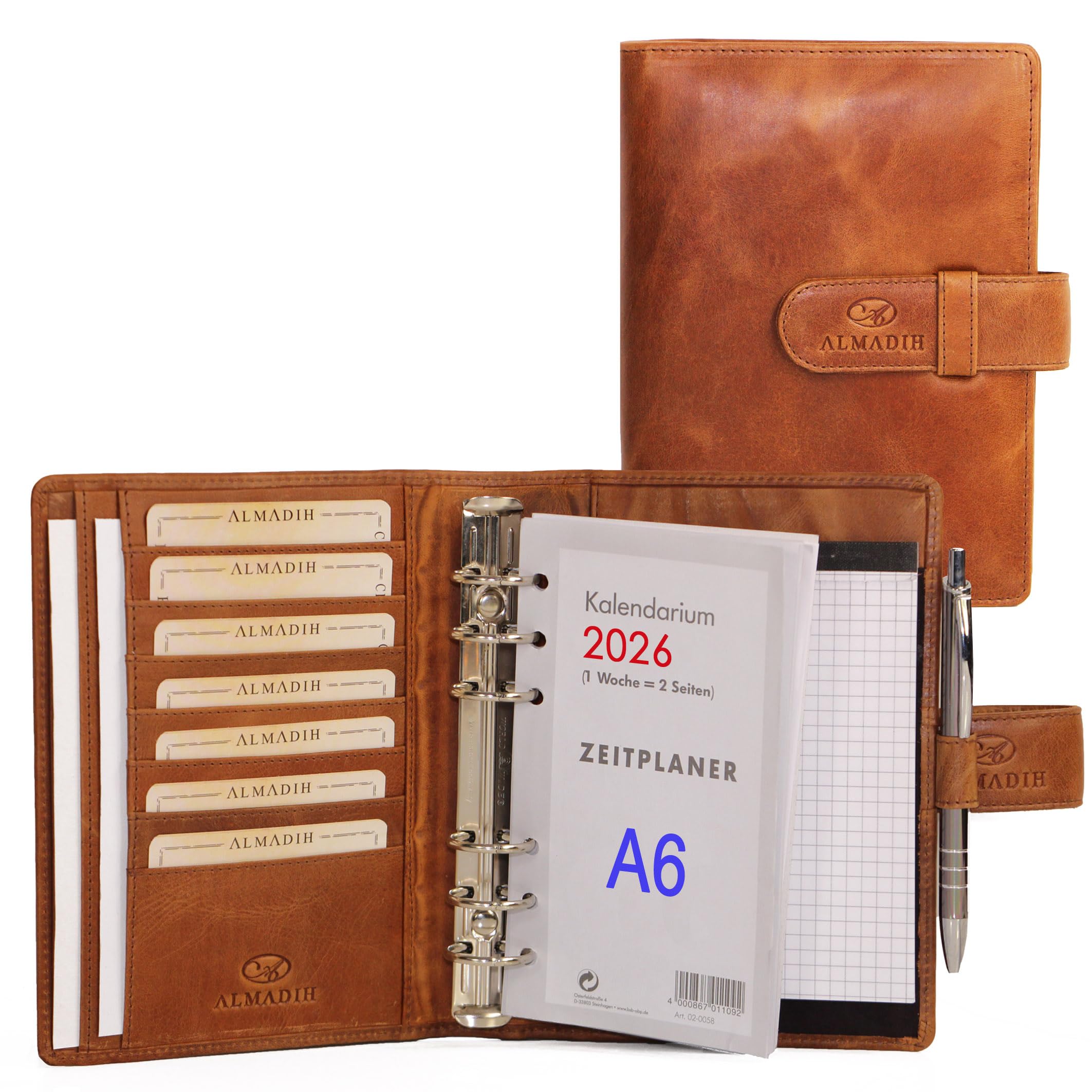 ALMADIH Leather A6 Diary, Calendar 2025 Notepad Premium Cowhide BD Gift Box Leather Folder Writing Case Organiser Diary Ring Binder Folder Pocket Compact Brown (A6 Ter Deluxe)