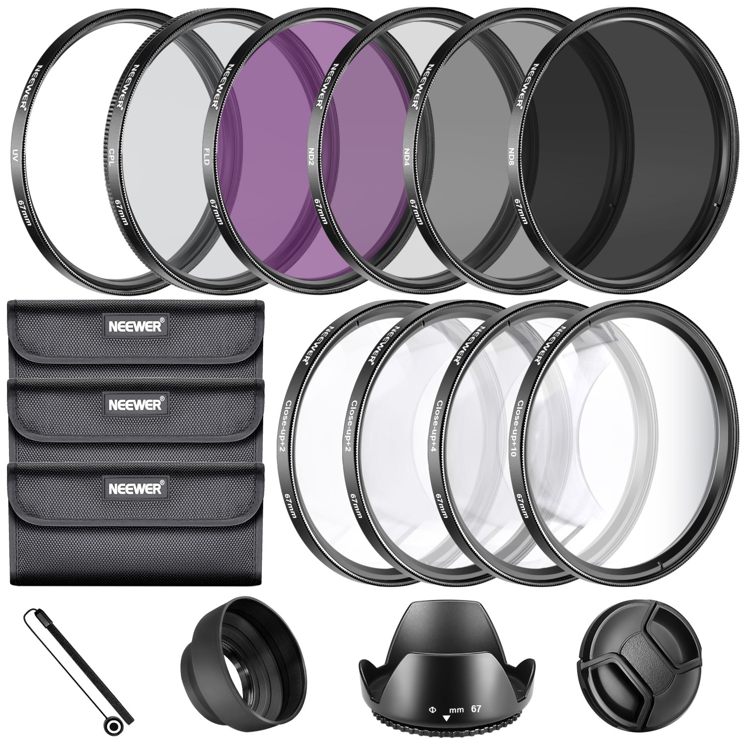 Neewer 67MM Complete Lens Filter Accessory Kit for Lenses with 67MM Filter Size: UV CPL FLD Filter Set + Macro Close Up Set (+1 +2 +4 +10) + ND Filter Set (ND2 ND4 ND8) + Other