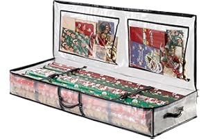 VENO Clear Wrapping Paper Organizer Storage Box for Christmas Gift Bags and Holiday Accessories, Underbed Storage Container with Interior Pockets, 40 Inches Long Fits 24 Rolls
