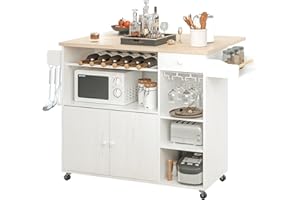 IRONCK Rolling Kitchen Island Cart with Drop-Leaf and Wine Rack, Microwave Rack Serving Cart on Wheels with Drawer & Shelves & Spice Rack & Cup Hanging, White