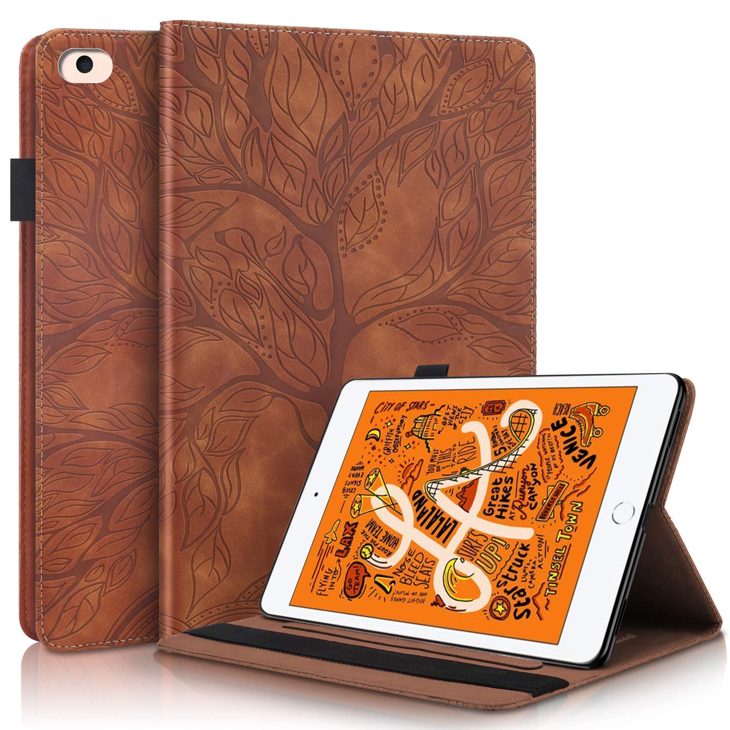 Aswant iPad Mini 5 Case iPad Mini 4 Case iPad Mini 2 Case iPad Mini 7.9 Inch Smart Cover Wallet Card Slot Pen Holder with Auto Sleep/Wake Function for Apple iPad Mini 1/2/3/4/5 Embossed Tree Brown