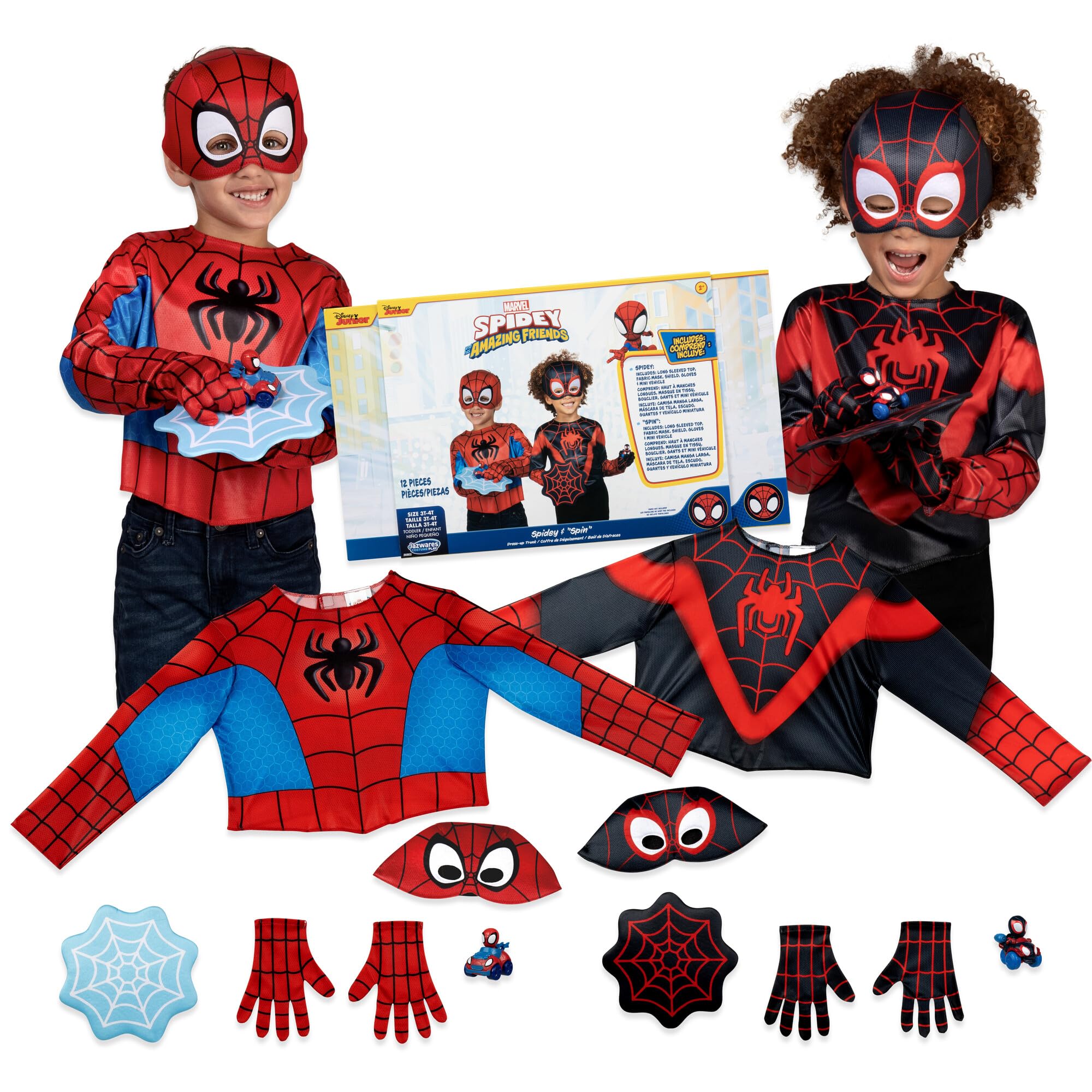 Photo 1 of **MISSING BOTH MINI VEHICLES**Marvel Spidey and Spin Official Toddler Dress-Up Set - Long-Sleeved Costume Tops with Fabric Half Masks, Gloves, Fabric Web Shields, and Mini Vehicles (3-4T)