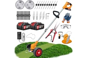 XABCHUI Electric Weed Eater Weed Wacker Battery Operated, 21v Cordless Weed Trimmer with 5 Types Blades & Wheels, Lightweight String Trimmer Brush Cutter Edger Lawn Tool with 2 Batteries for Yard and Garden