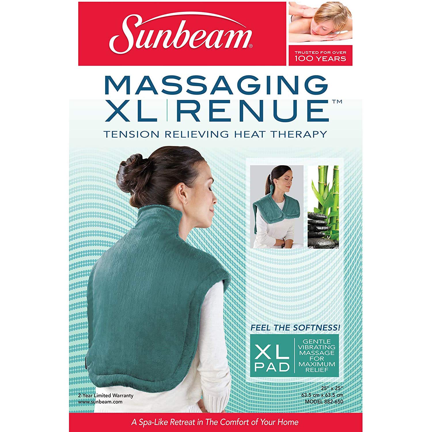Sunbeam Heating & Massage Pad for Neck & Shoulder Pain Relief, XL Renue, 2 Heat & 2 Massage Settings with Auto-Shutoff, Jade, 25-Inch x 25-Inch