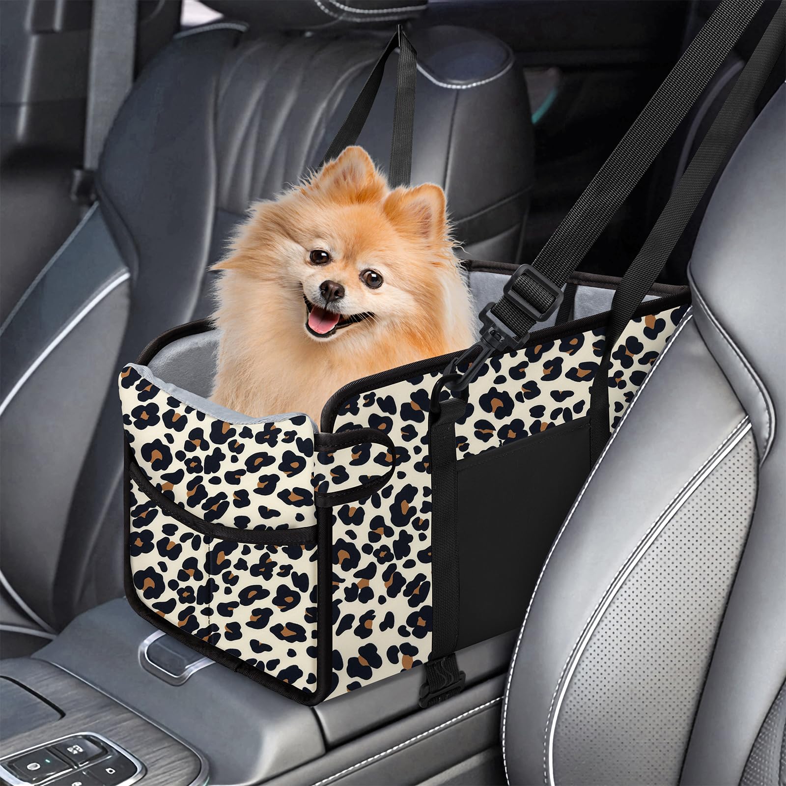 Photo 1 of Portable Dog Car Seat for Small Dogs - Adjustable Safety Leash, Washable Cushion & Storage Pocket - Pet Booster Seat for Car Travel- Leopard